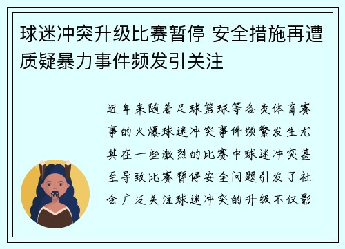 球迷冲突升级比赛暂停 安全措施再遭质疑暴力事件频发引关注